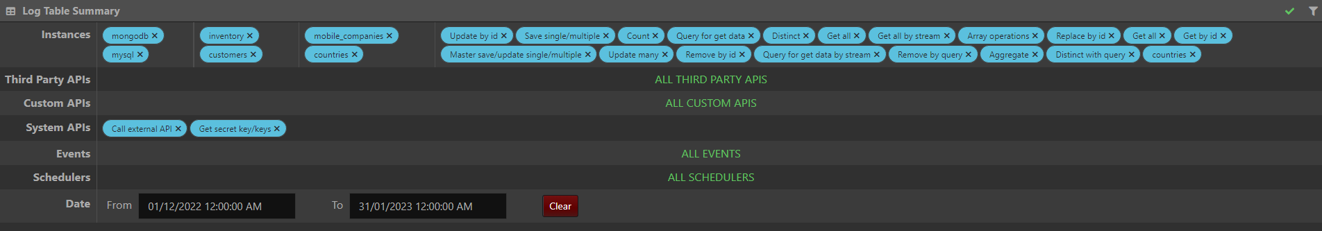 API Maker Log Table Summary Filter