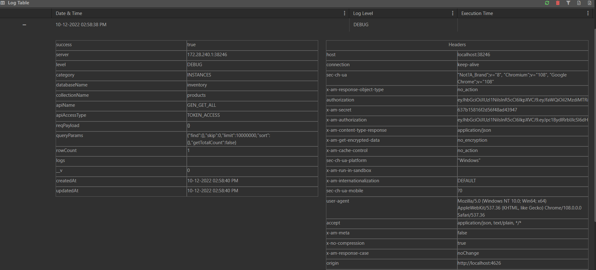 API Maker Log Table Summary Filter