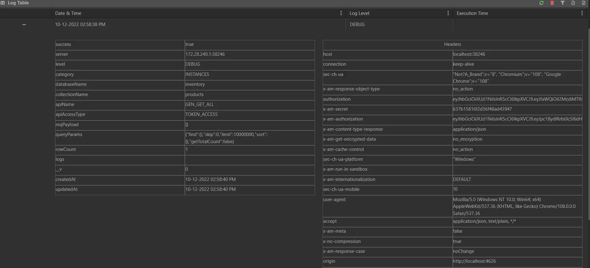 API Maker Log Table Summary Filter